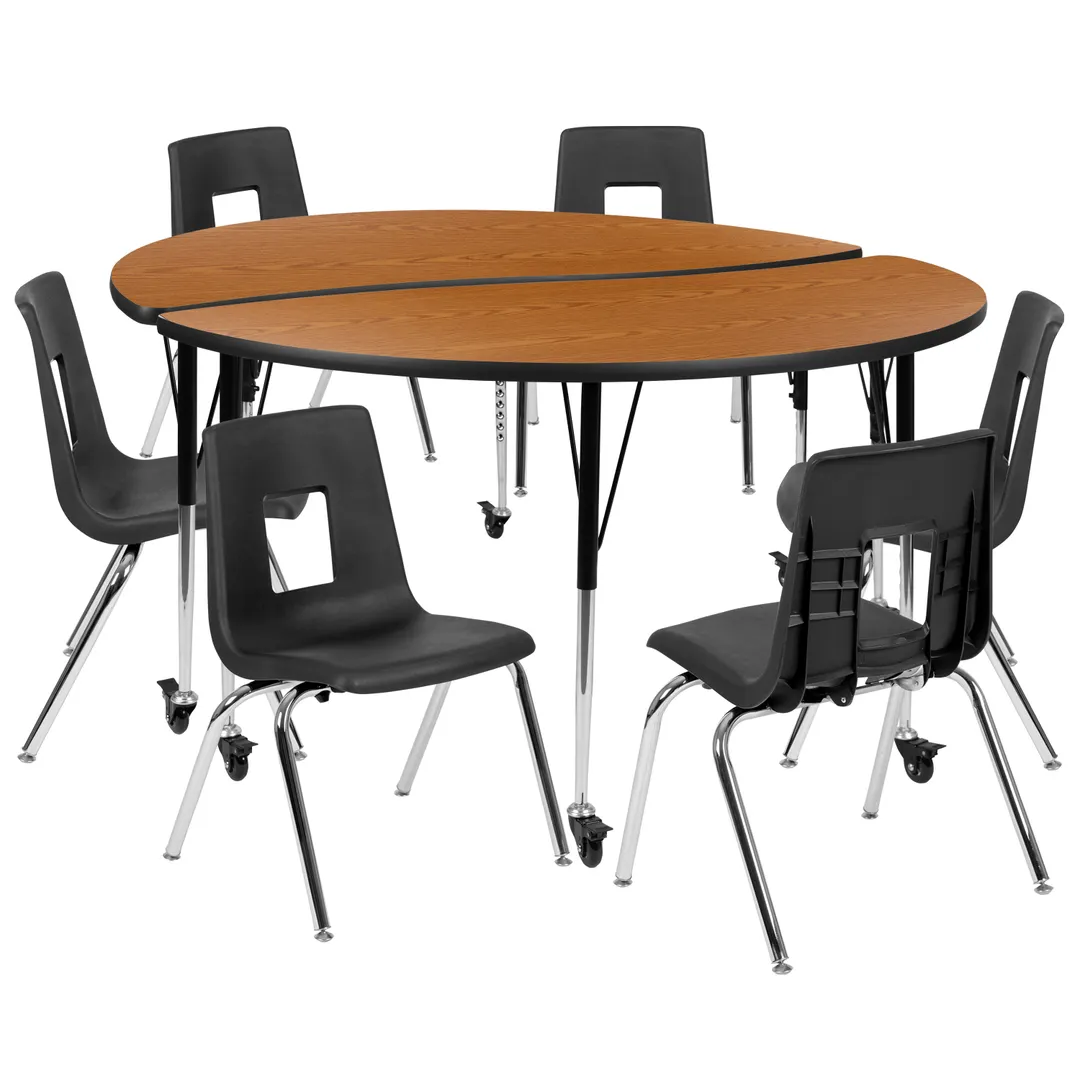 Flash Furniture XU-GRP-18CH-A60-HCIRC-OAK-T-A-CAS-GG Set, 60" Round, Adjustable, Oak/Blk, 6 Chairs, Nickel