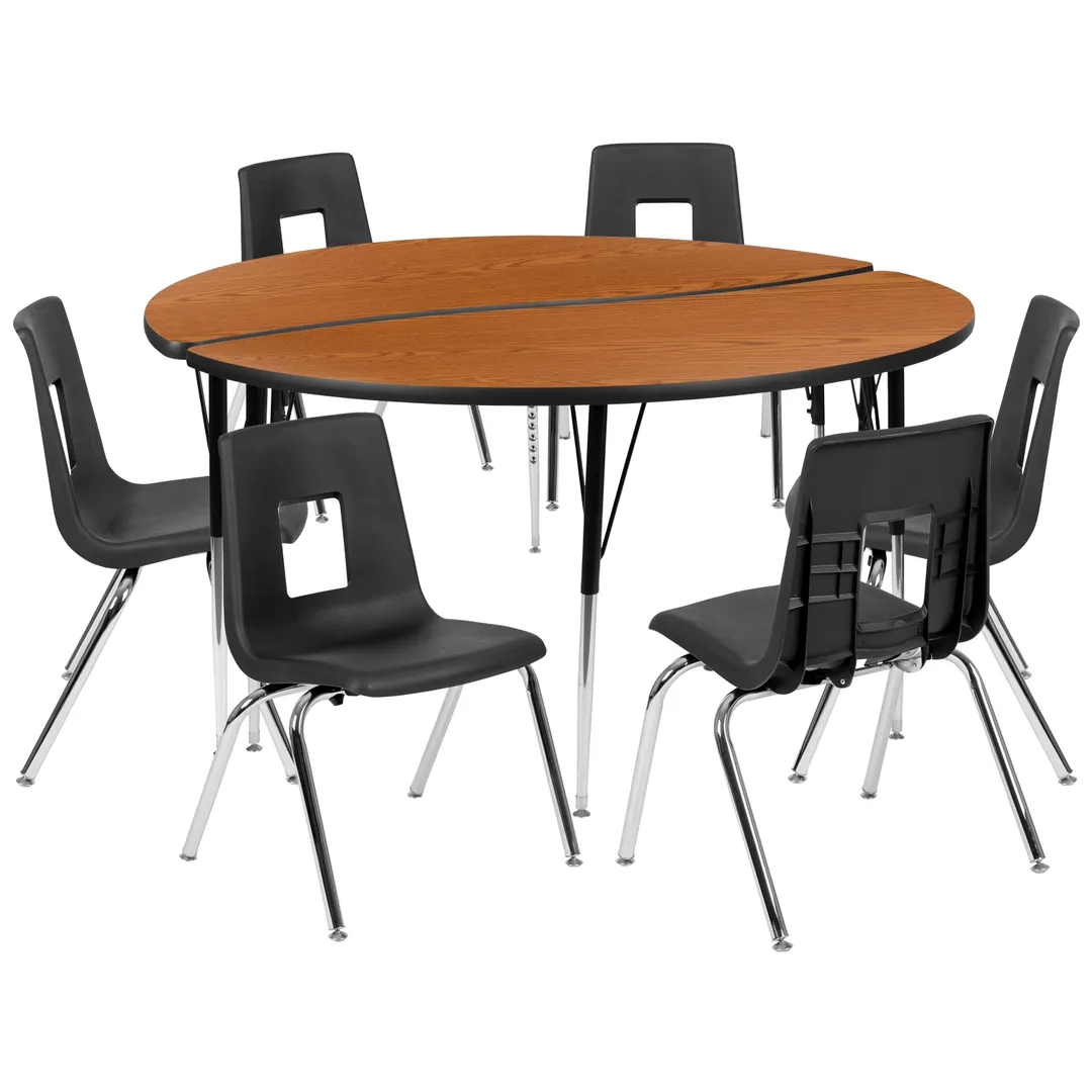 Flash Furniture XU-GRP-18CH-A60-HCIRC-OAK-T-A-GG Emmy Activity Table & Chair Set, Round 60" Dia. Laminate Top, Adjustable Height, 6 Stack Chairs, Oak/Black