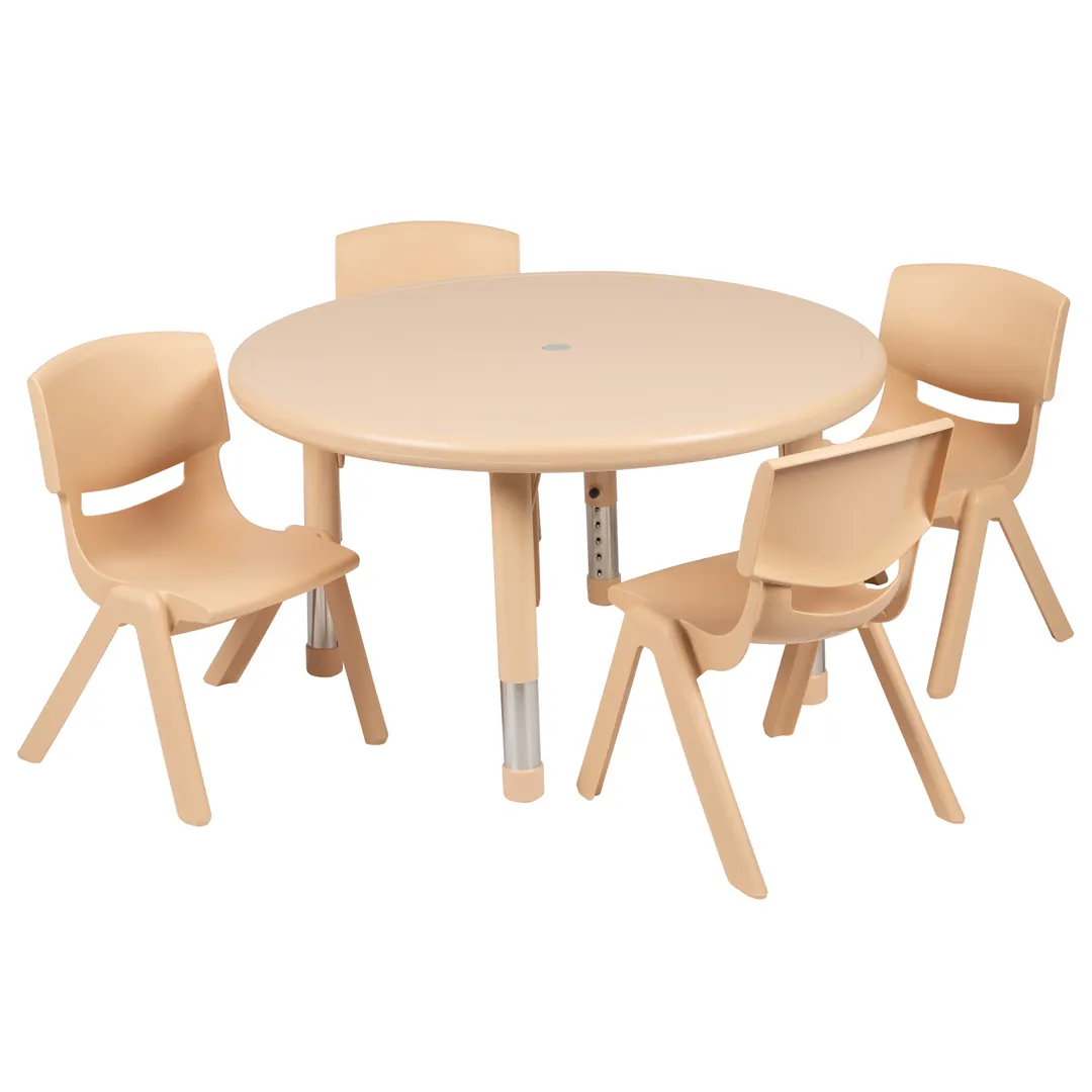 Flash Furniture YU-YCX-0073-2-ROUND-TBL-NAT-E-GG Set, 33" 14.5"-23.75" Table 220lb, +4 Chairs 10.5" Seat 154lb