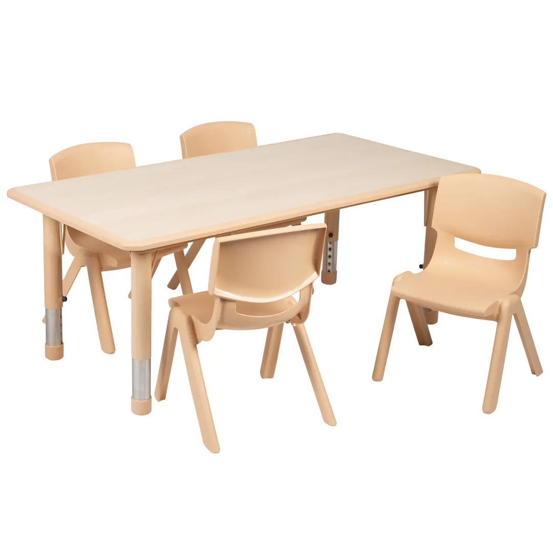 Flash Furniture YU-YCY-060-0034-RECT-TBL-NAT-GG Preschool Activity Table Set, 47x24 Rectangular, Adjustable Height 14.5-23.75, 220 lb, Natural Finish, Includes 4 Stacking Chairs