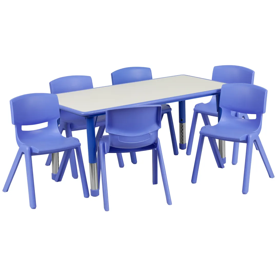 Flash Furniture YU-YCY-060-0036-RECT-TBL-BLUE-GG Preschool Activity Table Set, 47x24 Rectangular, Adjustable Height 14.5-23.75, 220 lb, Blue/Grey, 6 Chairs