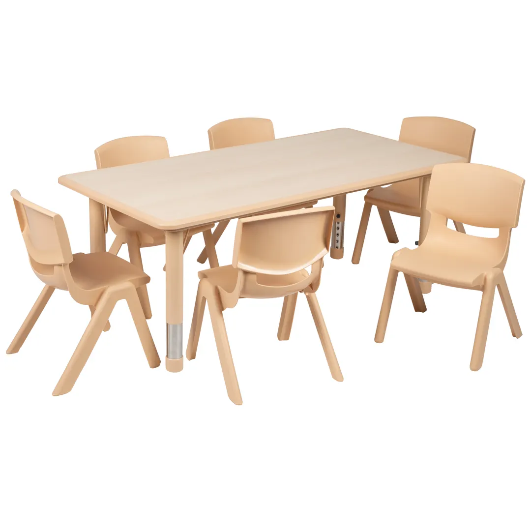 Flash Furniture YU-YCY-060-0036-RECT-TBL-NAT-GG Preschool Activity Table Set, 47x24 Rectangular, Adjustable Height 14.5-23.75, 220 lb Capacity, Natural Finish, Includes 6 Stacking Chairs