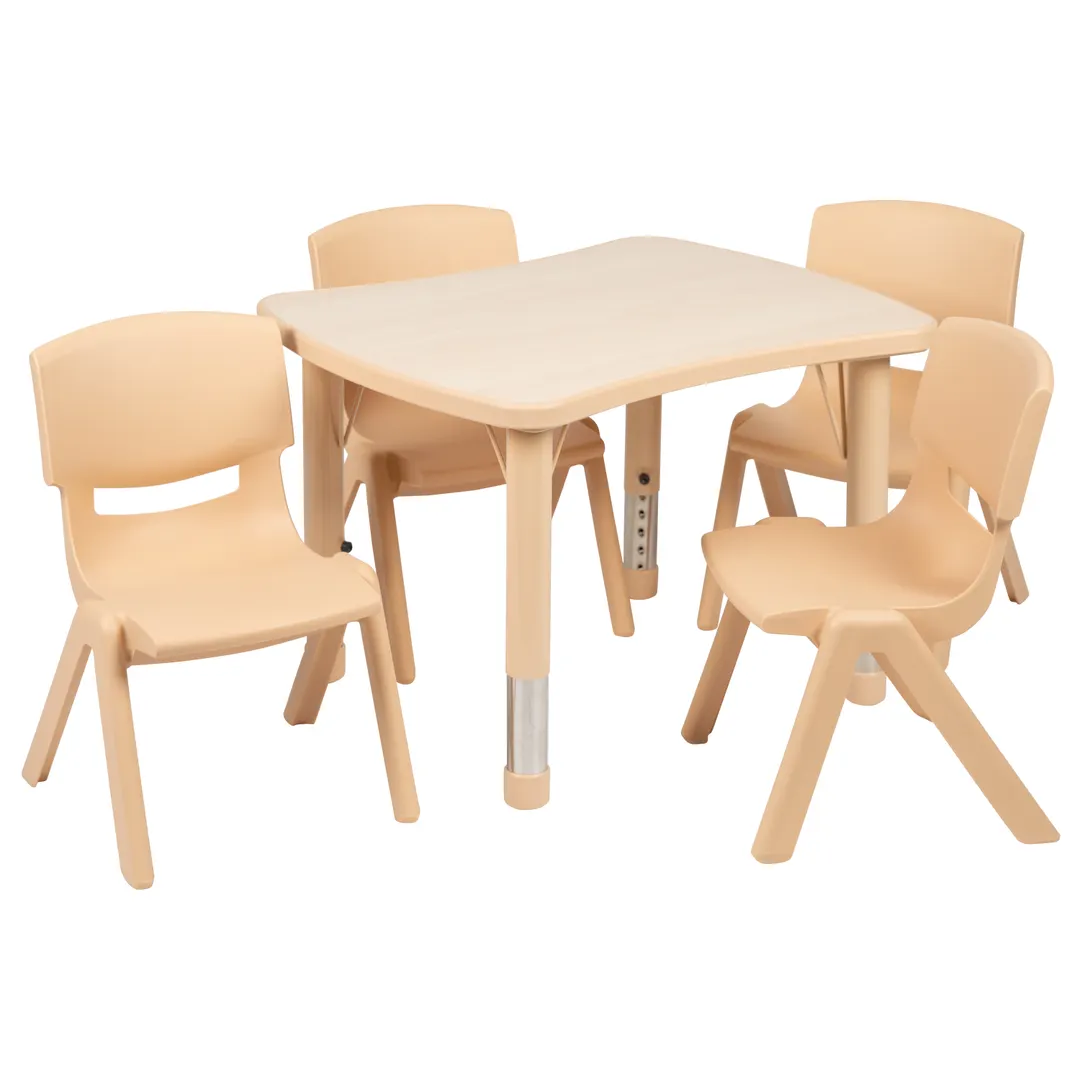 Flash Furniture YU-YCY-098-0034-RECT-TBL-NAT-GG Preschool Activity Table Set, 26x22 Rectangular, Adjustable Height 14.5-23.75, 220 lb, Natural, 4 Stacking Chairs