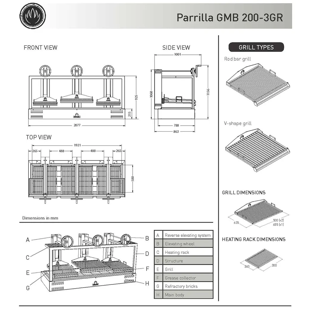 Mibrasa GMB 200-3GR 82" Countertop Charcoal Parrilla Grill w/ (3) Adjustable Grills