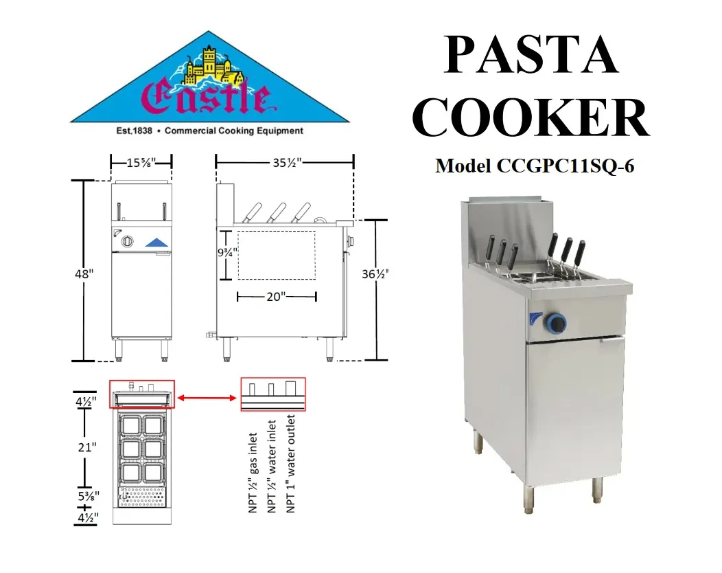 Comstock-Castle CCGPC11SQ-6 Gas Pasta Cooker w/ 11 Gallon, Manual Fill, 70.000 BTU