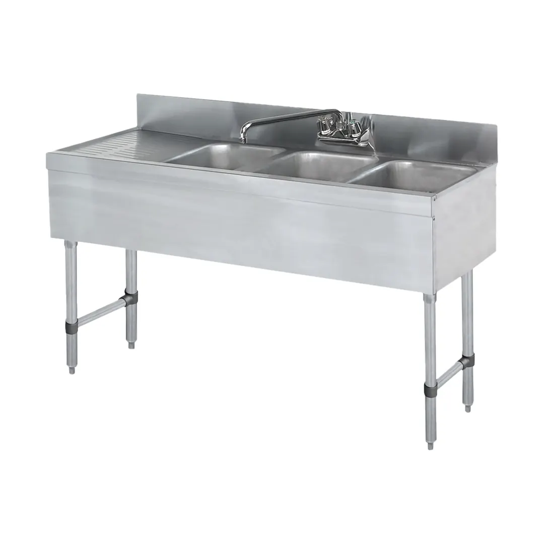 Steel Works SWBAR3B48-L 48" Underbar Sink Units, 3 Compartment with Left Drainboard