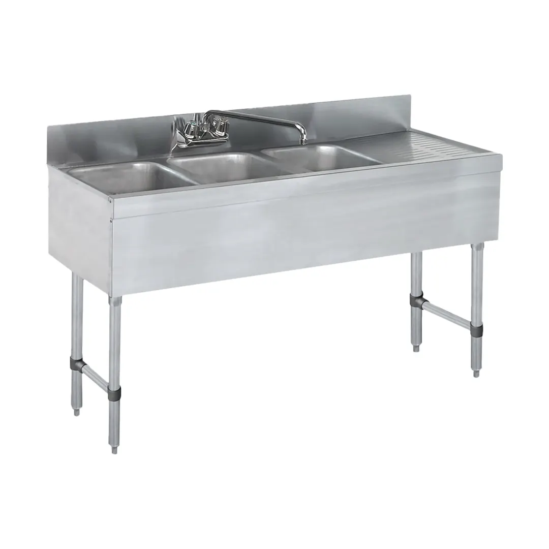 Steel Works SWBAR3B48-R 48" Underbar Sink Units, 3 Compartment with Right Drainboard