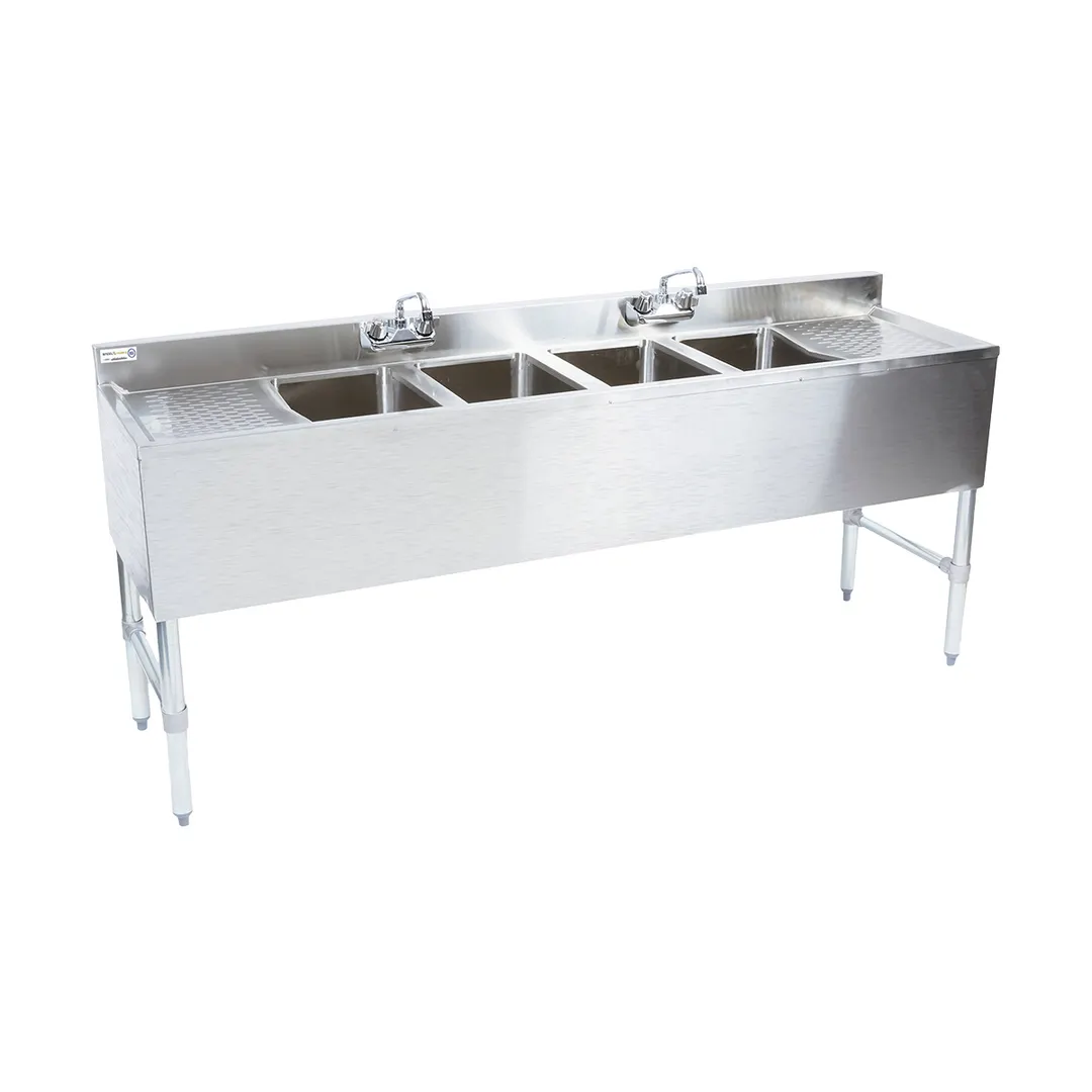Steel Works SWBAR4B72-LR 72" Underbar Sink Units, 4 Compartment with 2 Drainboards