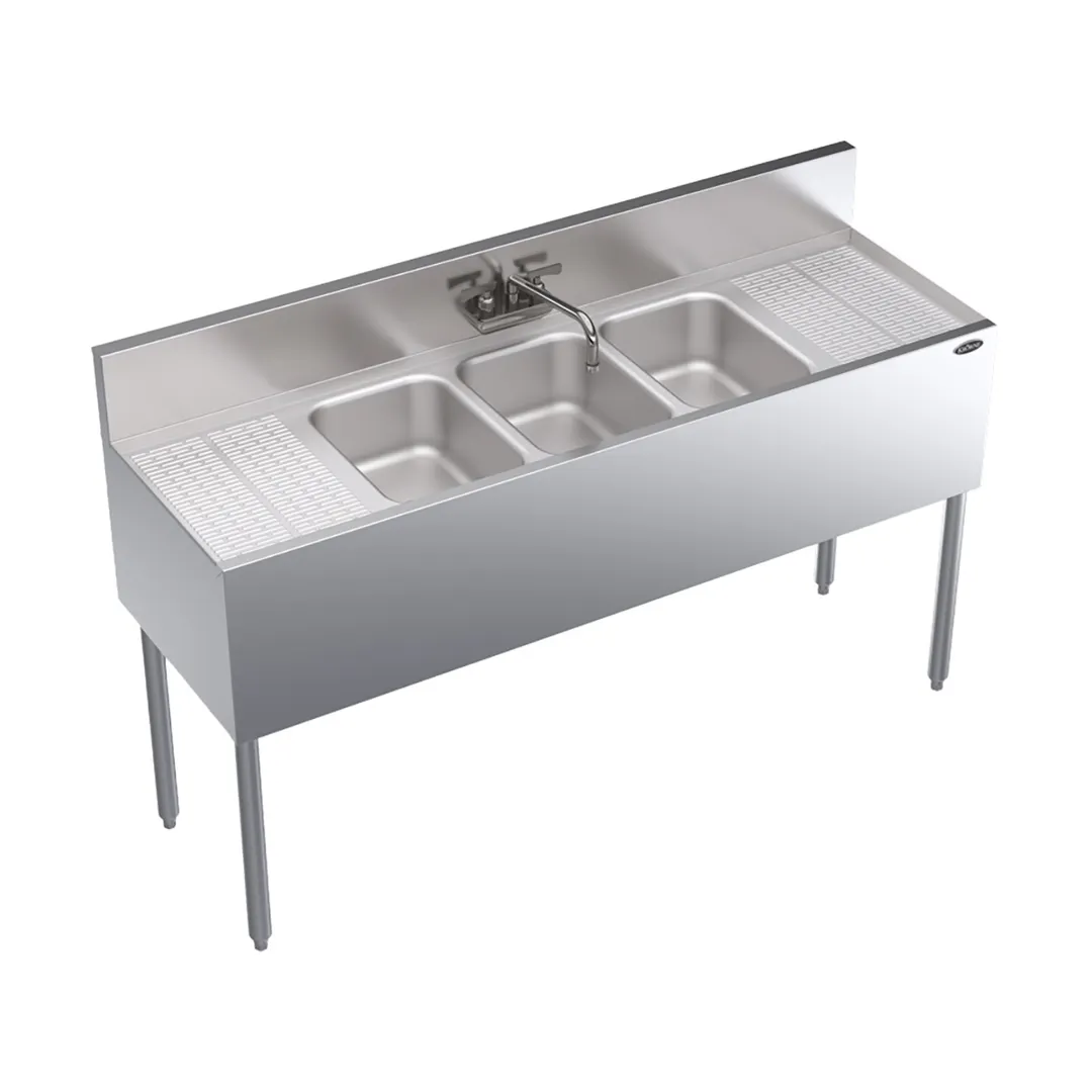 Krowne KR19-53C 60" 3 Compartment Underbar Sink w/ 2 Drainboards, Splash-Mount Faucet