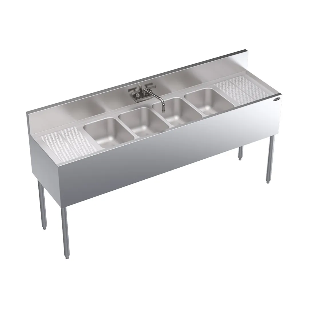 Krowne KR19-64C 72" 4 Compartment Underbar Sink w/ 2 Drainboards, Splash-Mount Faucet