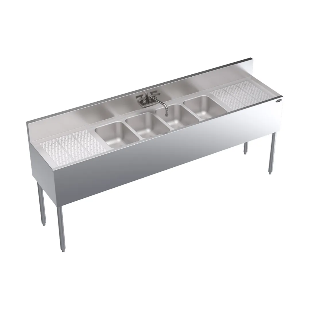 Krowne KR19-74C 84" 4 Compartment Underbar Sink w/ 2 Drainboards, Splash-Mount Faucet