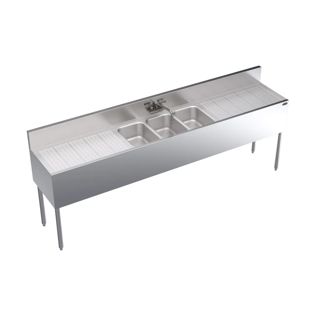 Krowne KR19-83C 96" 3 Compartment Underbar Sink w/ 2 Drainboards, Splash-Mount Faucet
