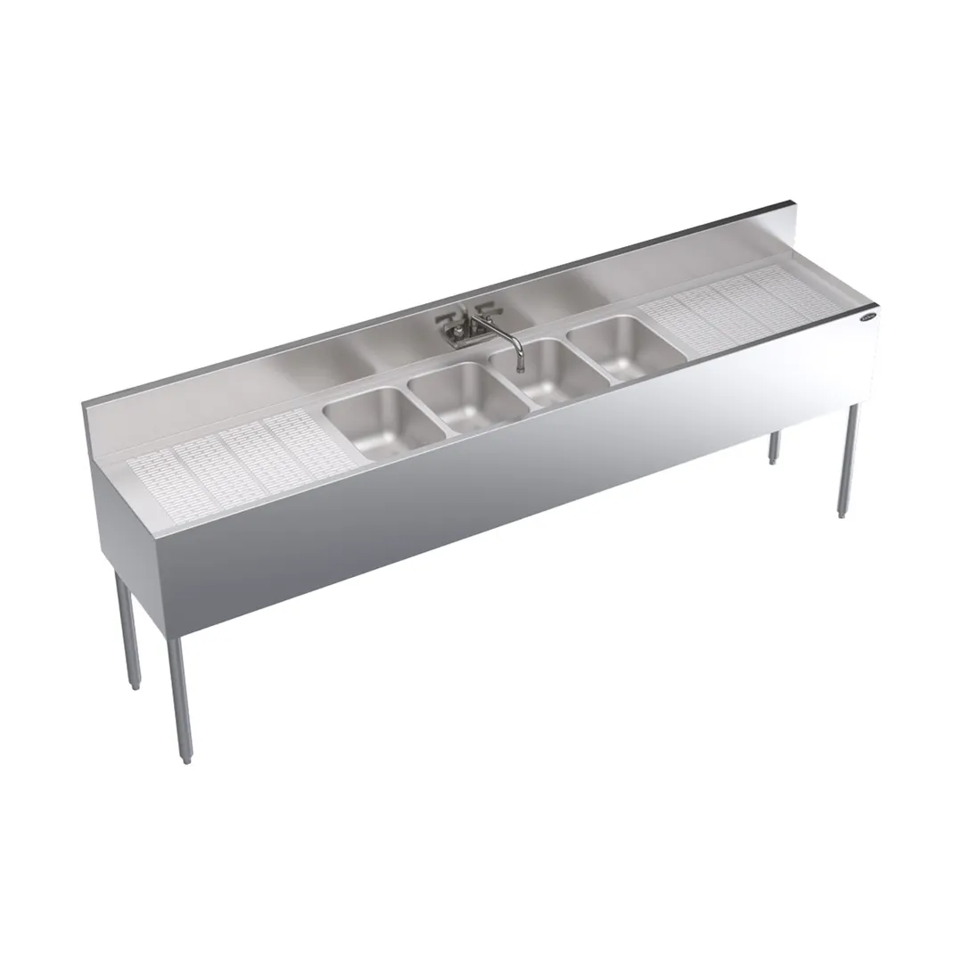 Krowne KR19-84C 96" 4 Compartment Underbar Sink w/ 2 Drainboards, Splash-Mount Faucet