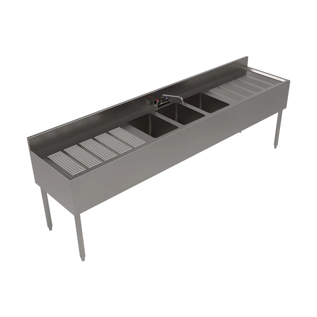 BK Resources UB4-21-396TS 96" Underbar Sink Units, 3 Compartment with 2 Drainboards