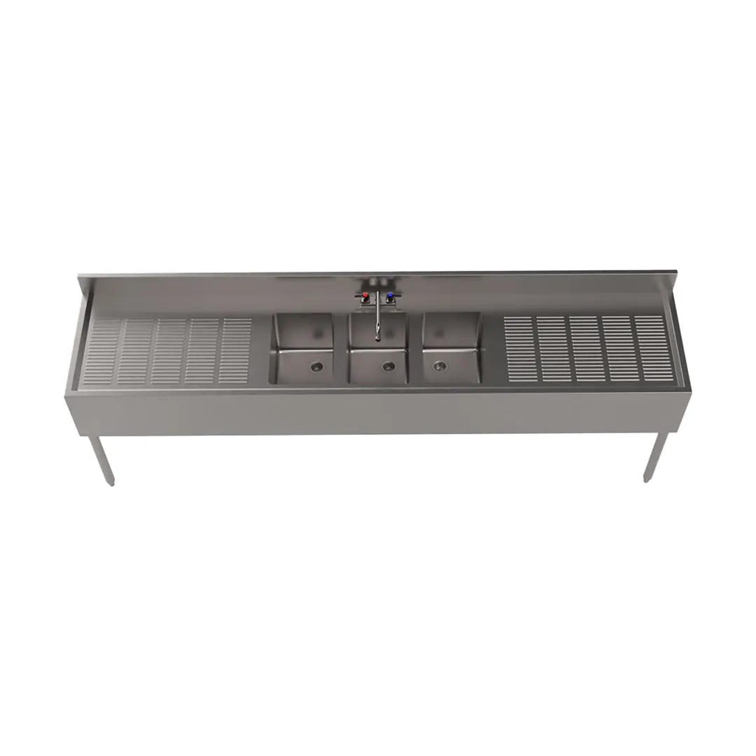 BK Resources UB4-21-396TS 96" Underbar Sink Units, 3 Compartment with 2 Drainboards