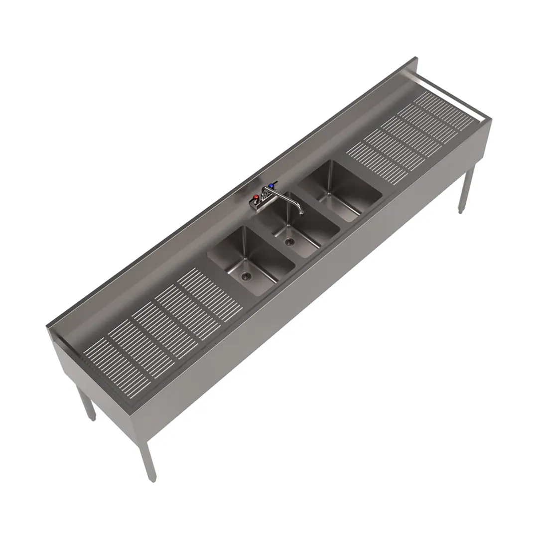 BK Resources UB4-21-396TS 96" Underbar Sink Units, 3 Compartment with 2 Drainboards