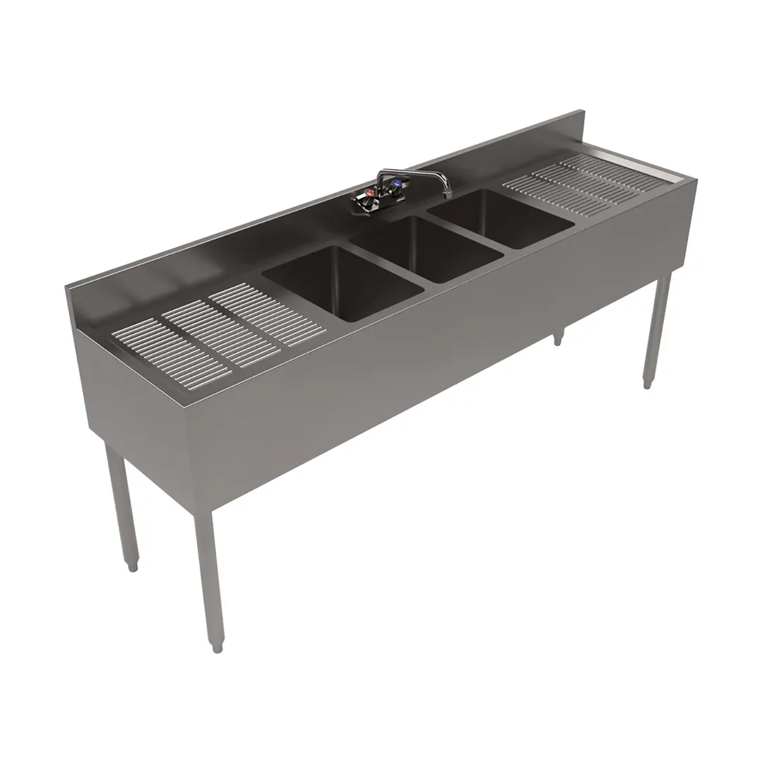 BK Resources UB4-18-372TS 72" Underbar Sink Units, 3 Compartment with 2 Drainboards
