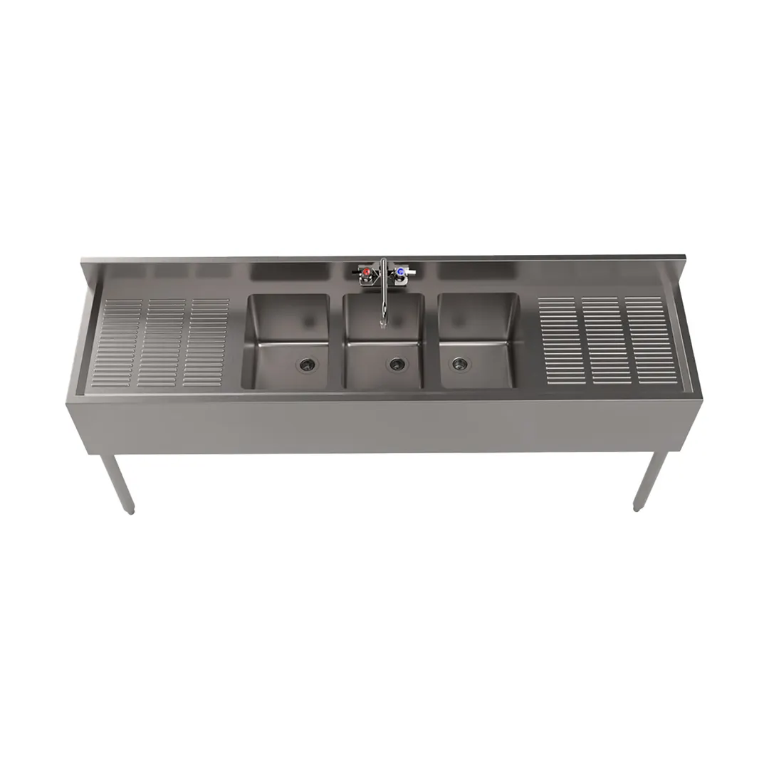 BK Resources UB4-18-372TS 72" Underbar Sink Units, 3 Compartment with 2 Drainboards