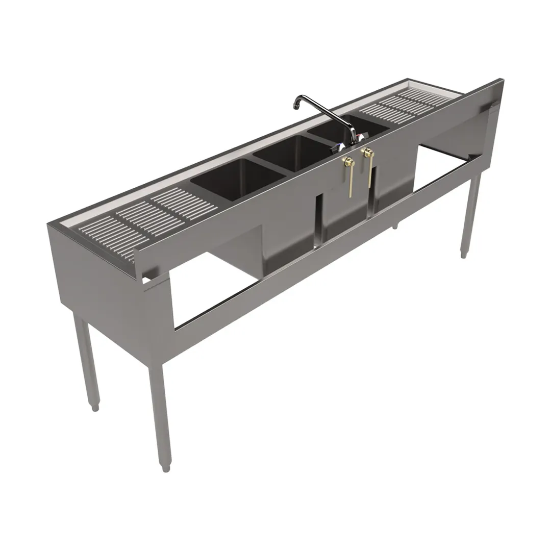 BK Resources UB4-18-372TS 72" Underbar Sink Units, 3 Compartment with 2 Drainboards