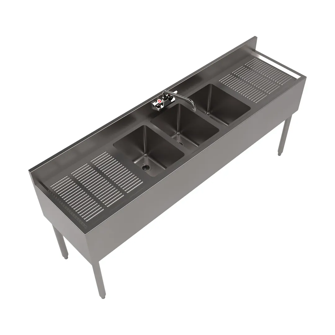 BK Resources UB4-18-372TS 72" Underbar Sink Units, 3 Compartment with 2 Drainboards