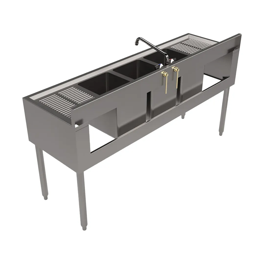BK Resources BKUBW-360TS 60" Underbar Sink Units, 3 Compartment with 2 Drainboards