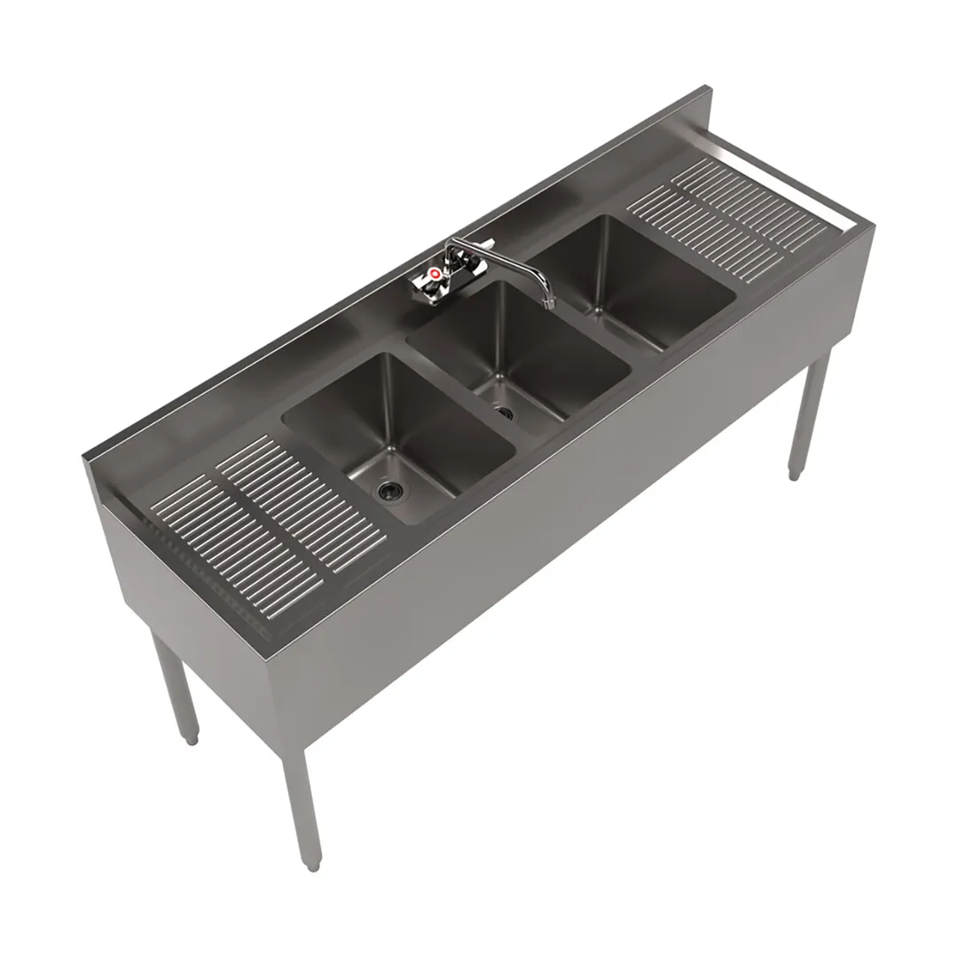 BK Resources BKUBW-360TS 60" Underbar Sink Units, 3 Compartment with 2 Drainboards