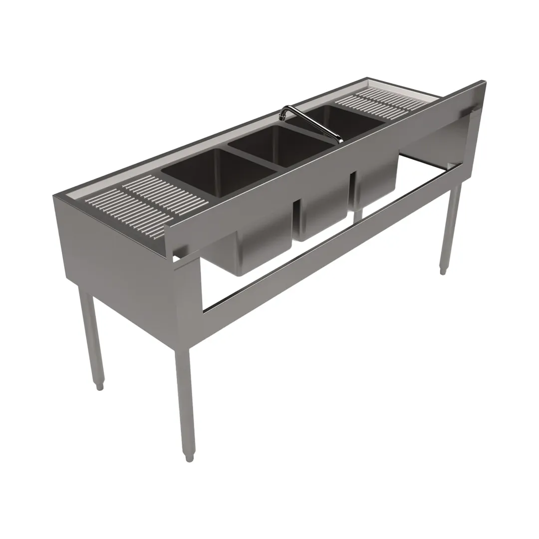 BK Resources UB4-21-360TS 60" Underbar Sink Units, 3 Compartment with 2 Drainboards