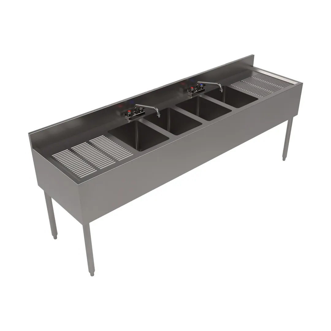 BK Resources UB4-21-484TS 84" Underbar Sink Units, 4 Compartment with 2 Drainboards