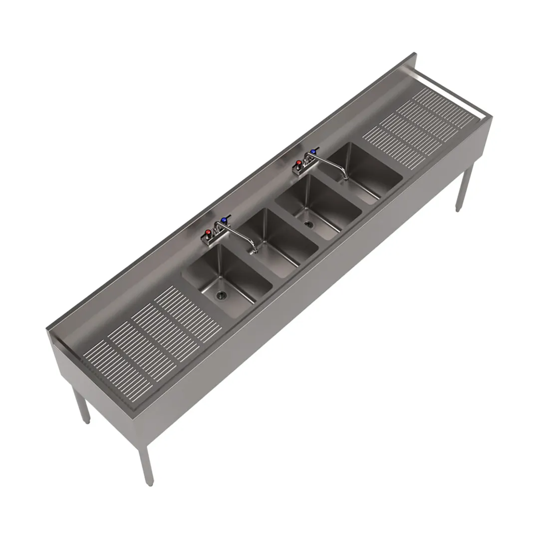 BK Resources UB4-21-496TS 96" Underbar Sink Units, 4 Compartment with 2 Drainboards