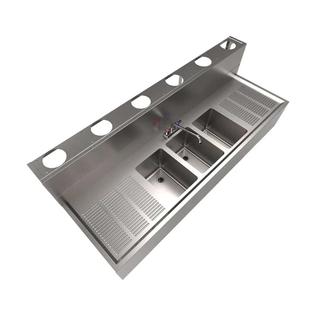 BK Resources UBDW-21-372TS Underbar Sink Units, 3 Compartment with 2 Drainboards