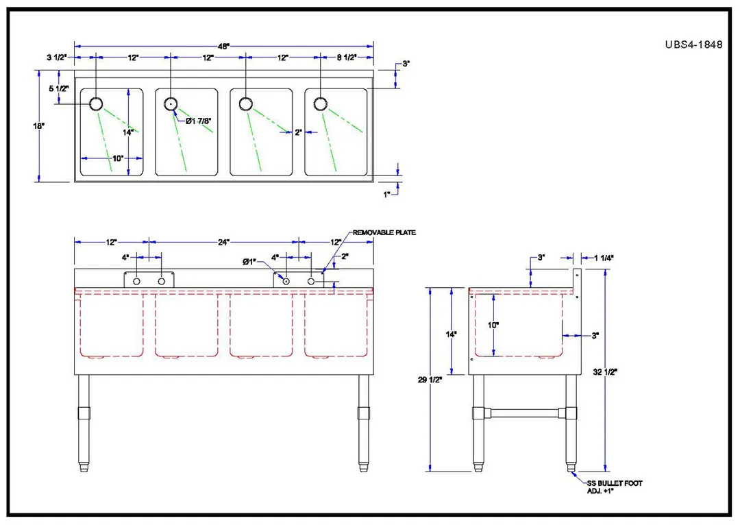 John Boos UBS4-1848-X Underbar Sink Units, 4 Compartment without Drainboard - Flyer