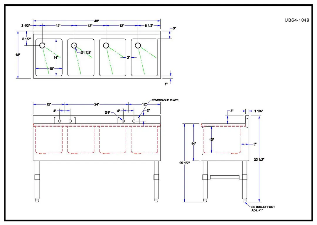 John Boos UBS4-1848 Underbar Sink Units, 4 Compartment without Drainboard