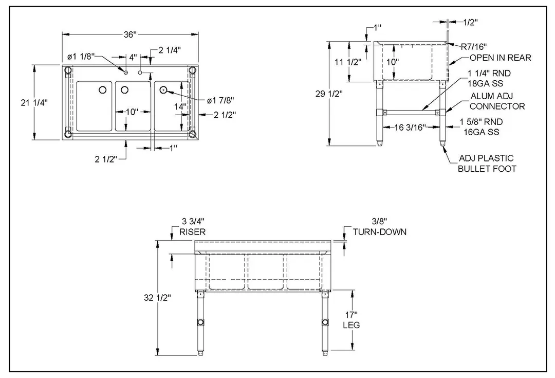 NBR Equipment UD-3-101410-36 Premium Underbar Sink Unit, 3 Compartment without Drainboard