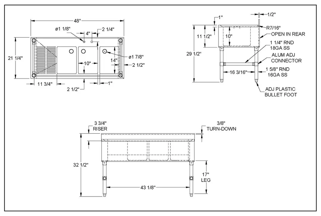 NBR Equipment UD-3-101410-48L Premium Underbar Sink Unit, 3 Compartment with Left Drainboard