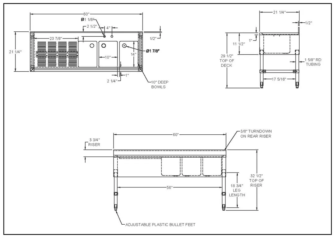 NBR Equipment UD-3-101410-60L Premium Underbar Sink Unit, 3 Compartment with Left Drainboard