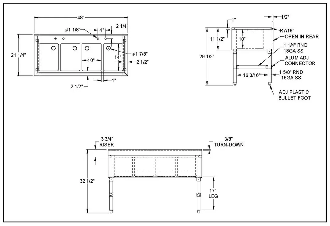 NBR Equipment UD-4-101410-48 Premium Underbar Sink Unit, 4 Compartment without Drainboard