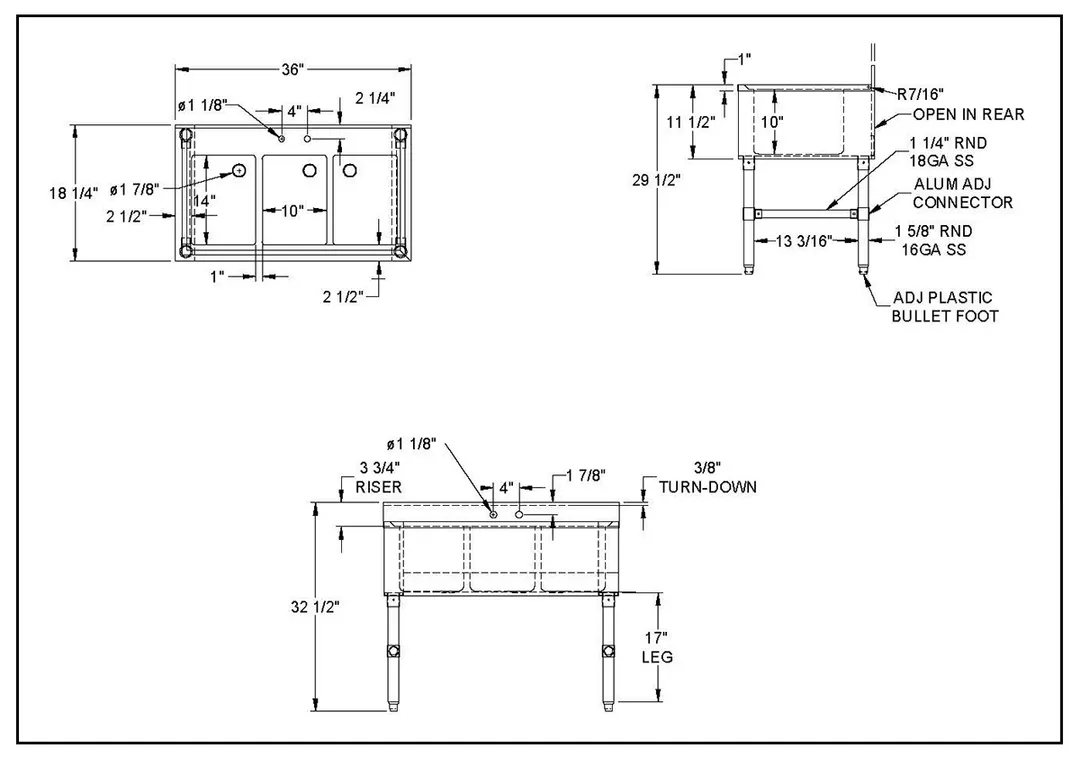 NBR Equipment UW-3-101410-36 Slim-Line Underbar Sink Unit, 3 Compartment without Drainboard