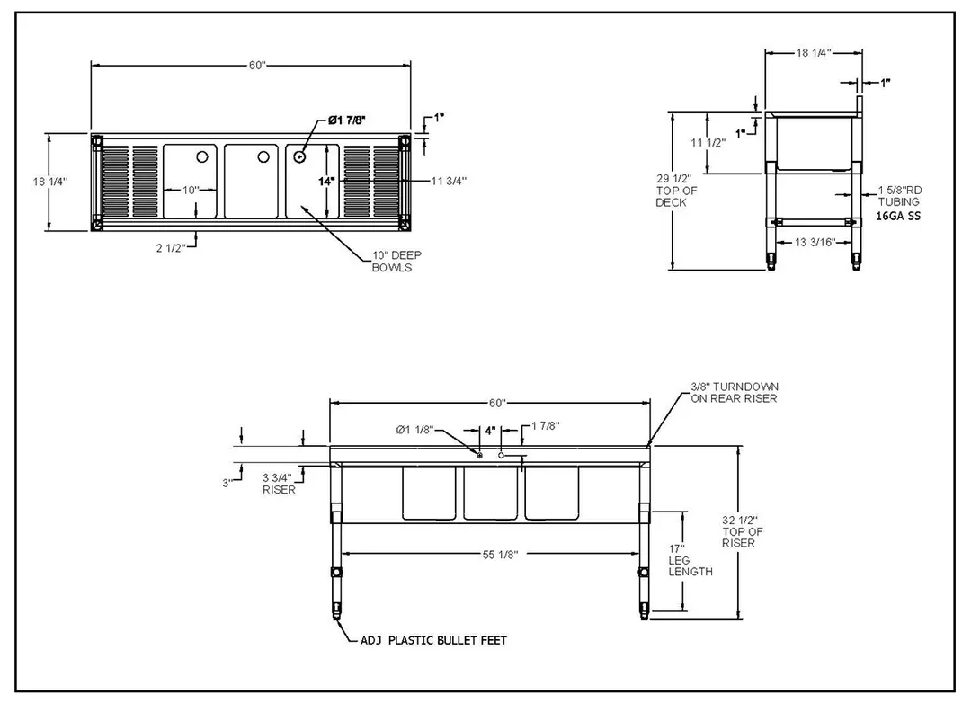 NBR Equipment UW-3-101410-60LR Premium Slim-Line Underbar Sink Unit, 3 Compartment w/ 2 Drainboards