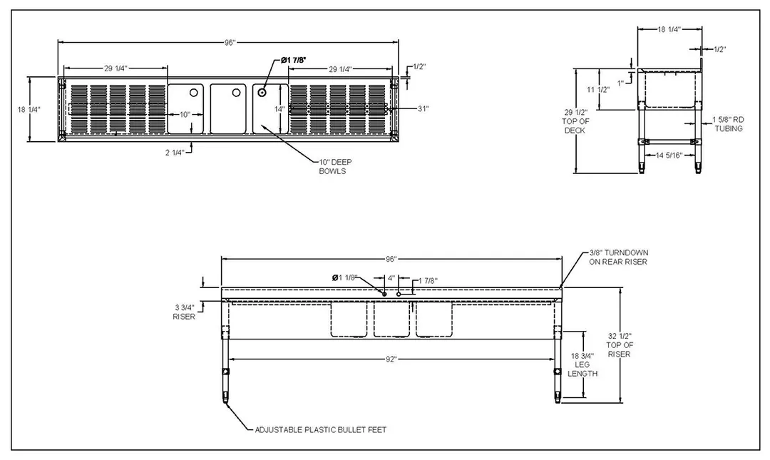 NBR Equipment UW-3-101410-96LR Premium Slim-Line Underbar Sink Unit, 3 Compartment w/ 2 Drainboards