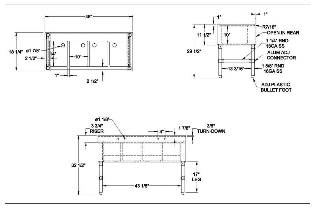 NBR Equipment UW-4-101410-48 Slim-Line Underbar Sink Unit, 4 Compartment without Drainboard