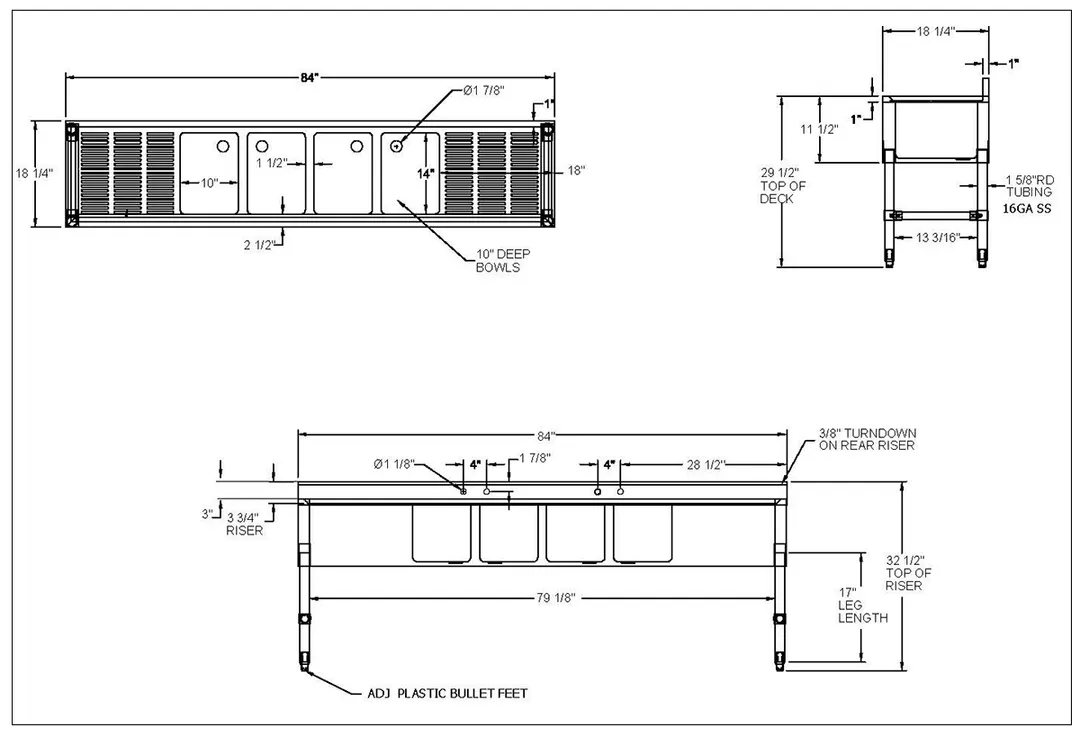 NBR Equipment UW-4-101410-84LR Premium Slim-Line Underbar Sink Unit, 4 Compartment w/ 2 Drainboards