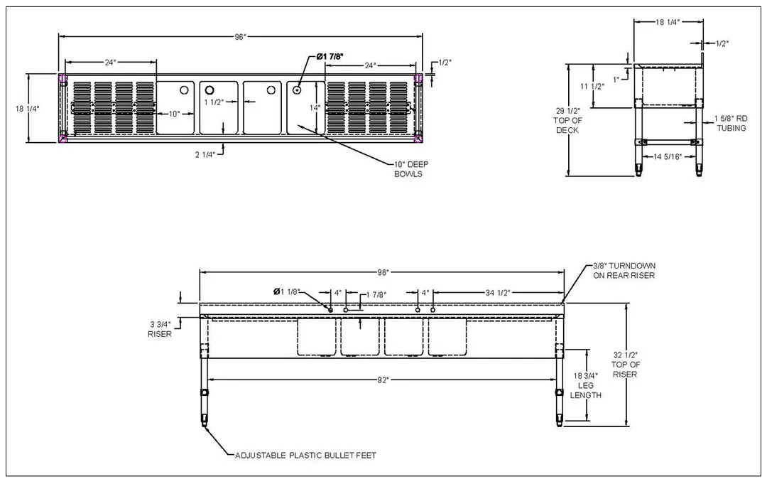 NBR Equipment UW-4-101410-96LR Premium Slim-Line Underbar Sink Unit, 4 Compartment w/ 2 Drainboards