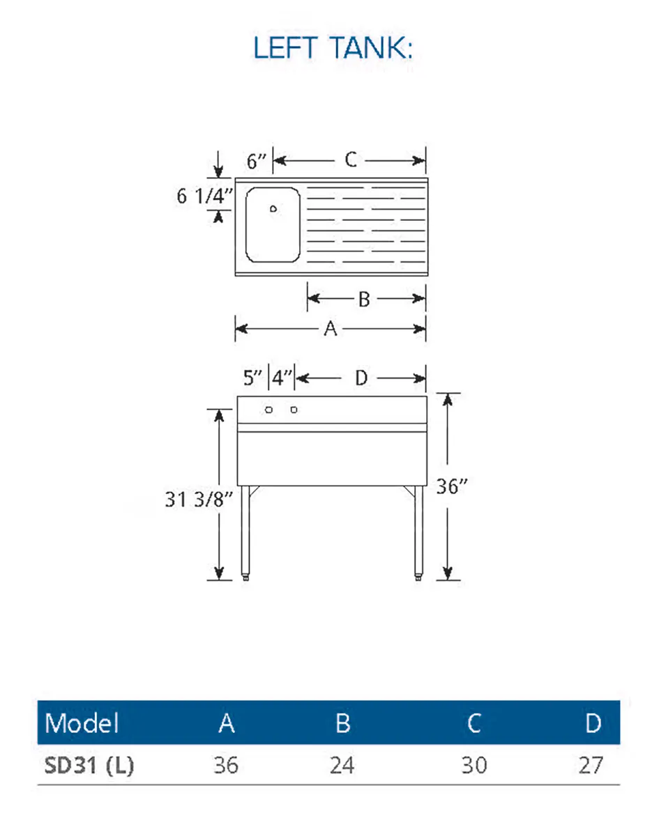 LaCrosse SD31L Underbar Sink Units, 1 Compartment with Right Drainboard