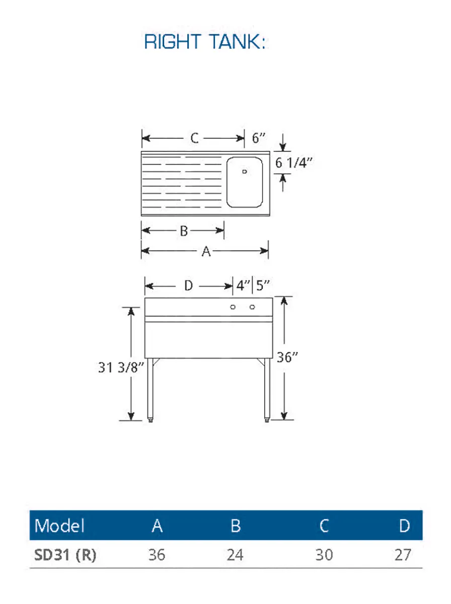 LaCrosse SD31R Underbar Sink Units, 1 Compartment with Left Drainboard