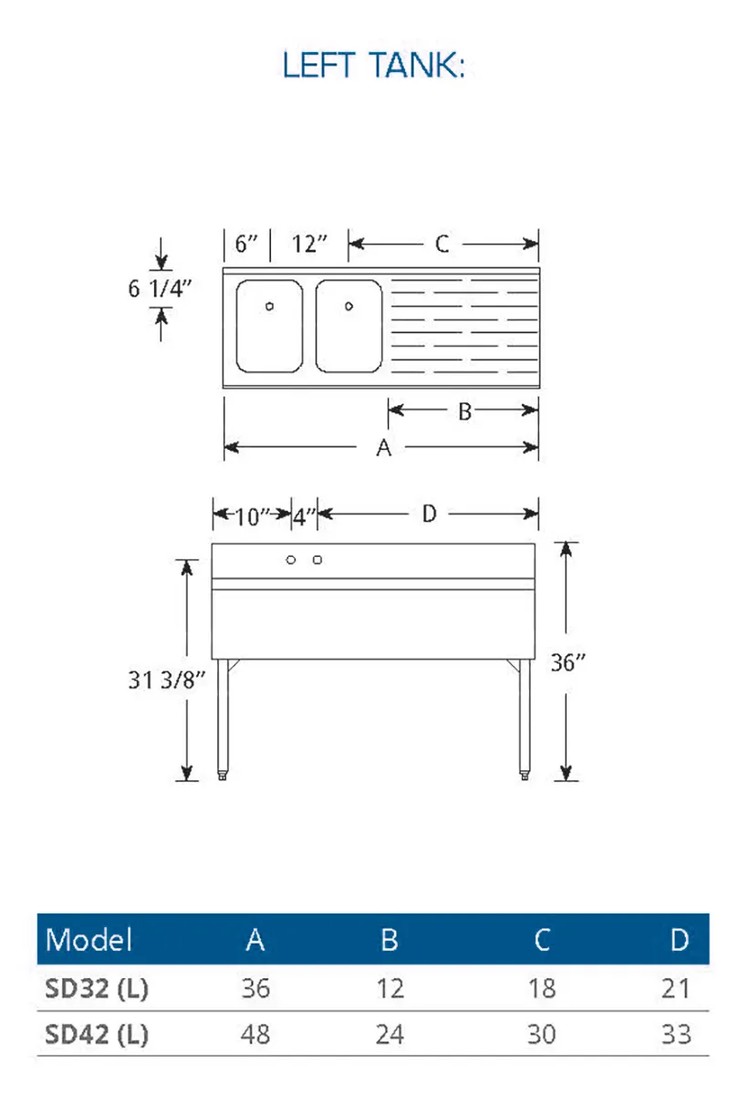 LaCrosse SD32L Underbar Sink Units, 2 Compartment with Right Drainboard