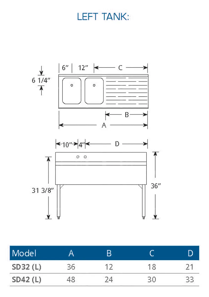 LaCrosse SD42L Underbar Sink Units, 2 Compartment with Right Drainboard