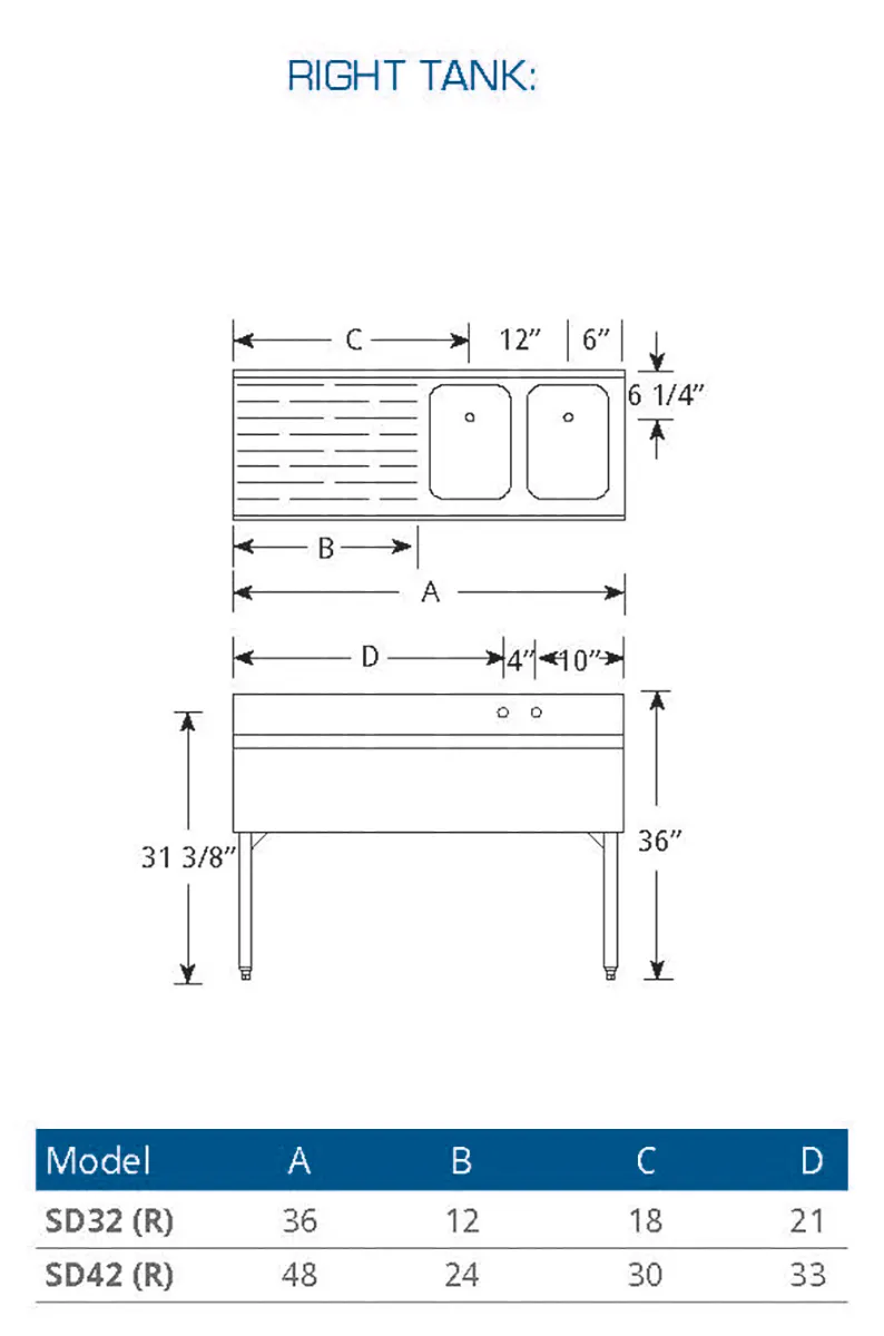 LaCrosse SD42R Underbar Sink Units, 2 Compartment with Left Drainboard