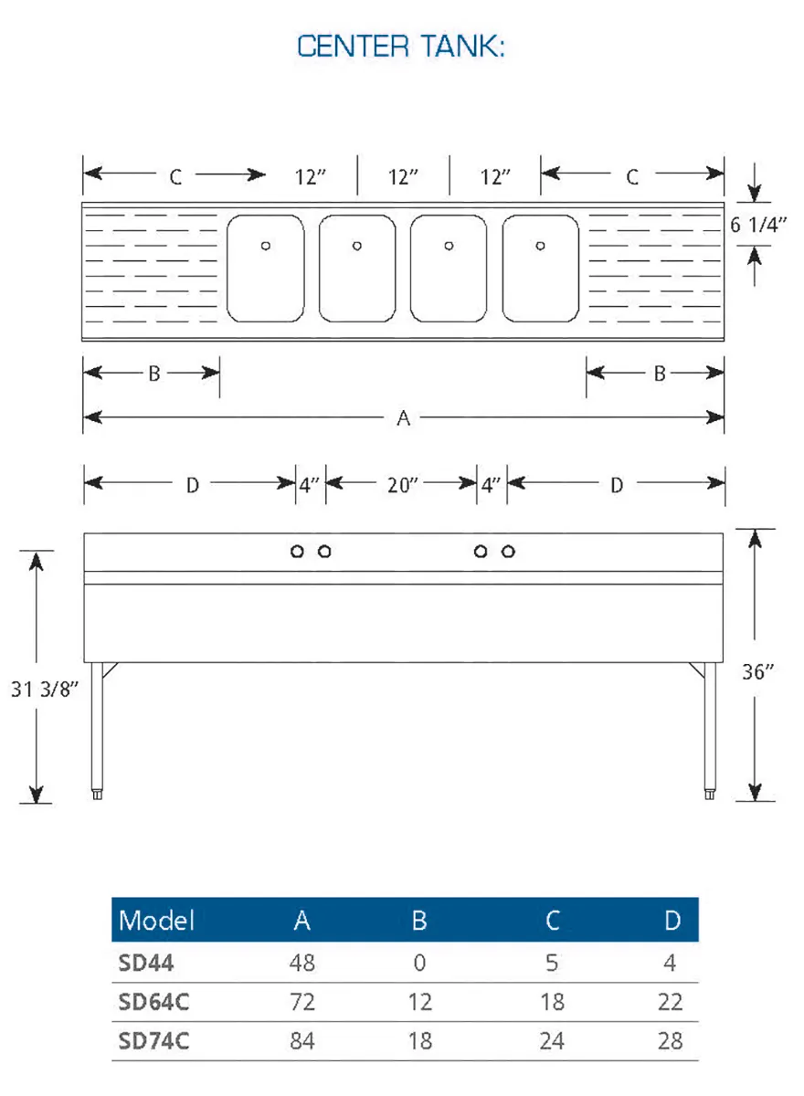 LaCrosse SD64C Underbar Sink Units, 4 Compartment with 2 Drainboards