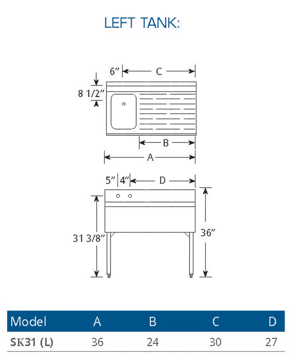 LaCrosse SK31L Underbar Sink Units, 1 Compartment with Right Drainboard
