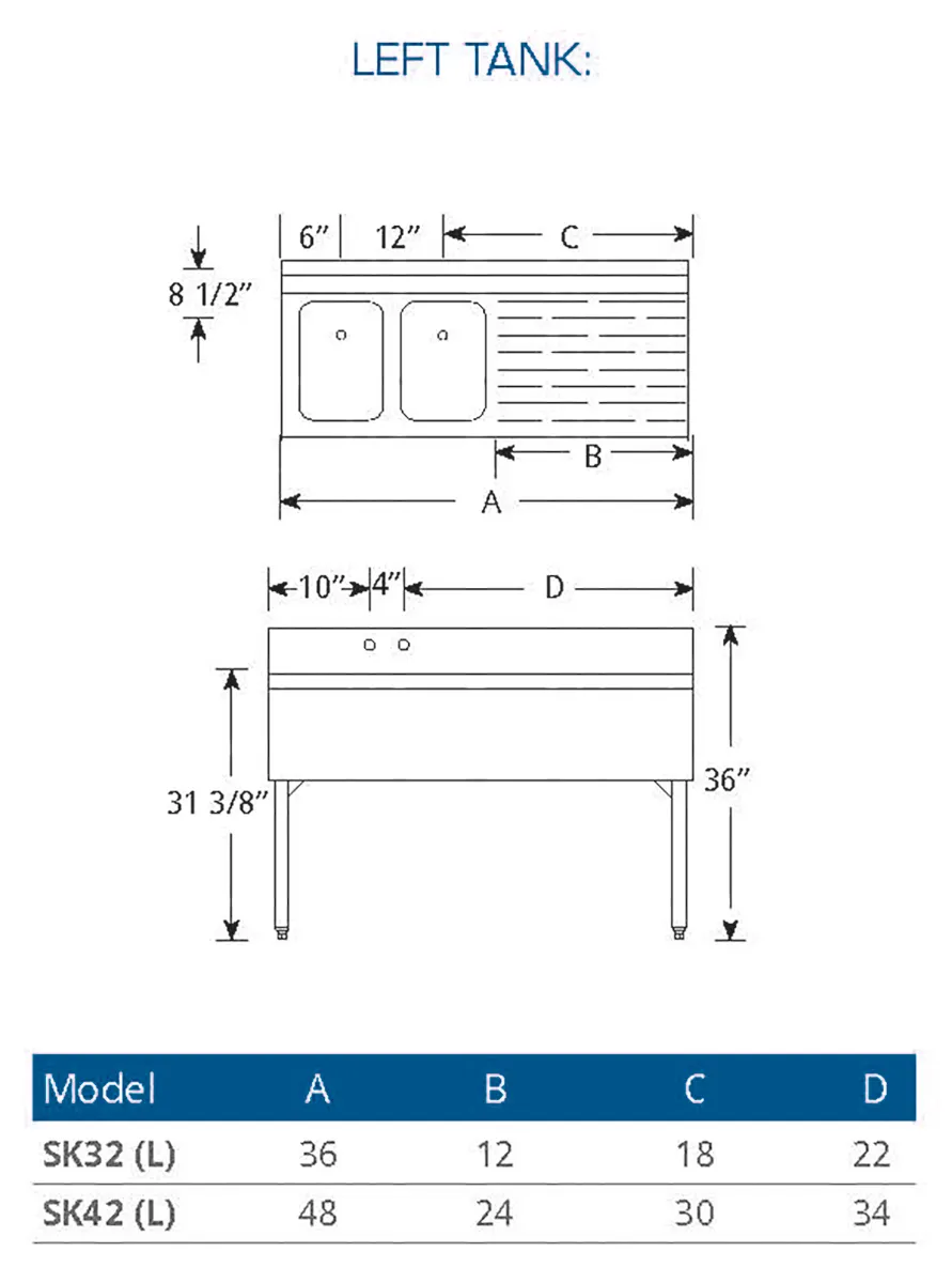 LaCrosse SK32L Underbar Sink Units, 2 Compartment with Right Drainboard